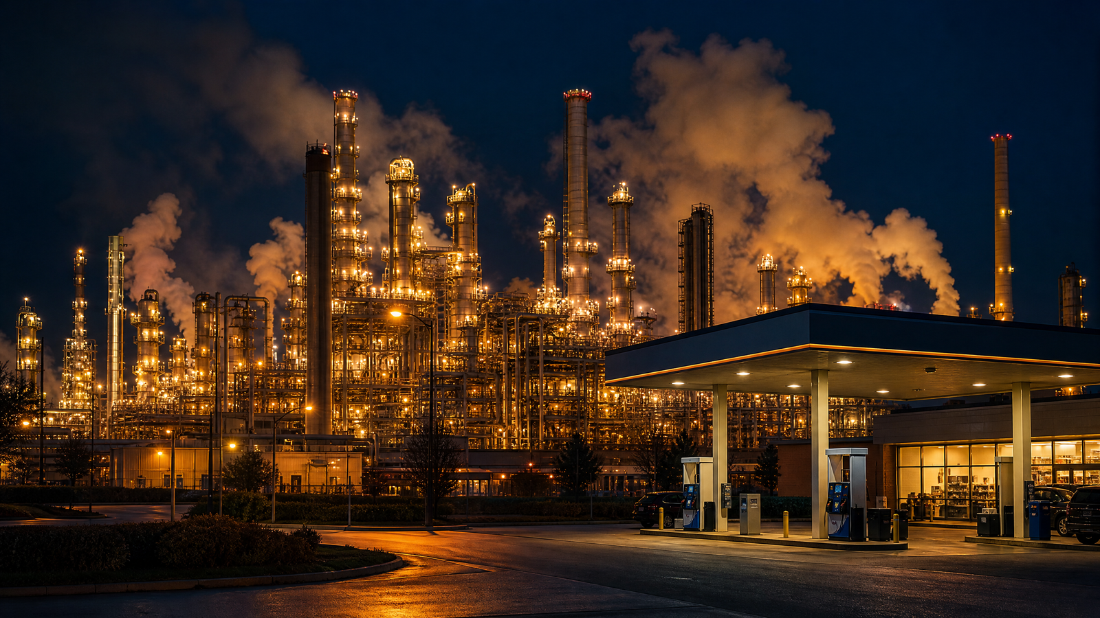 Oil refinery at night
